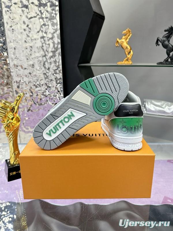 2024 Unisex Louis Vuitton Green White Leather Fabric Plimsolls Waxed Distressed Washed MJ00500