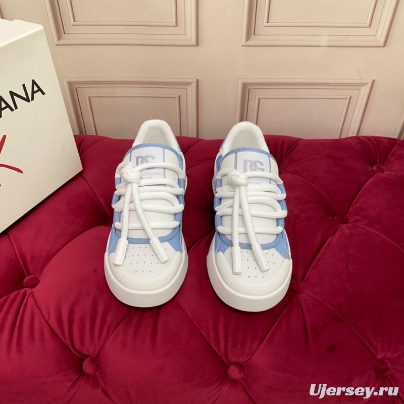 2025 Women Dolce & Gabbana White Blue Mesh Leather Sneakers