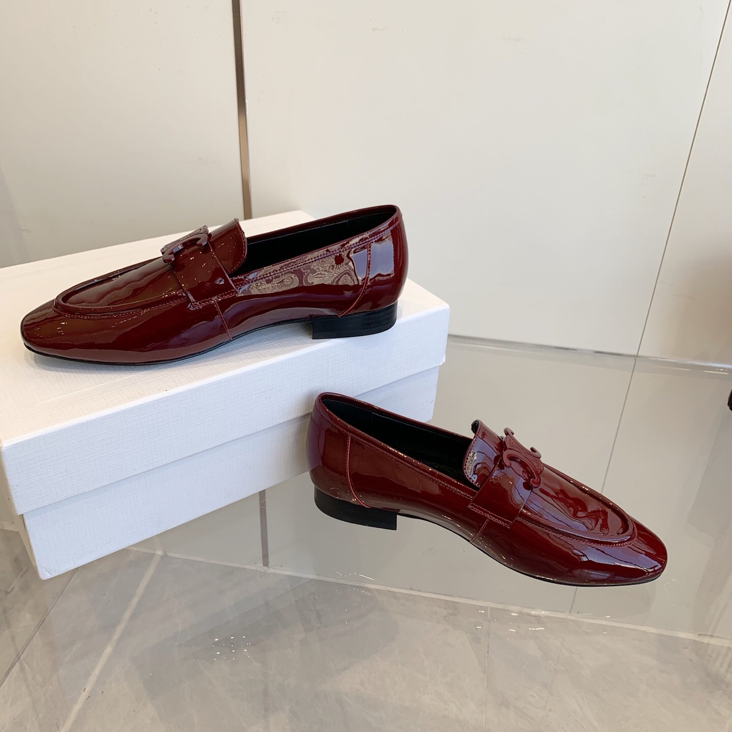 2025 Women CELINE Burgundy Patent Leather Loafers