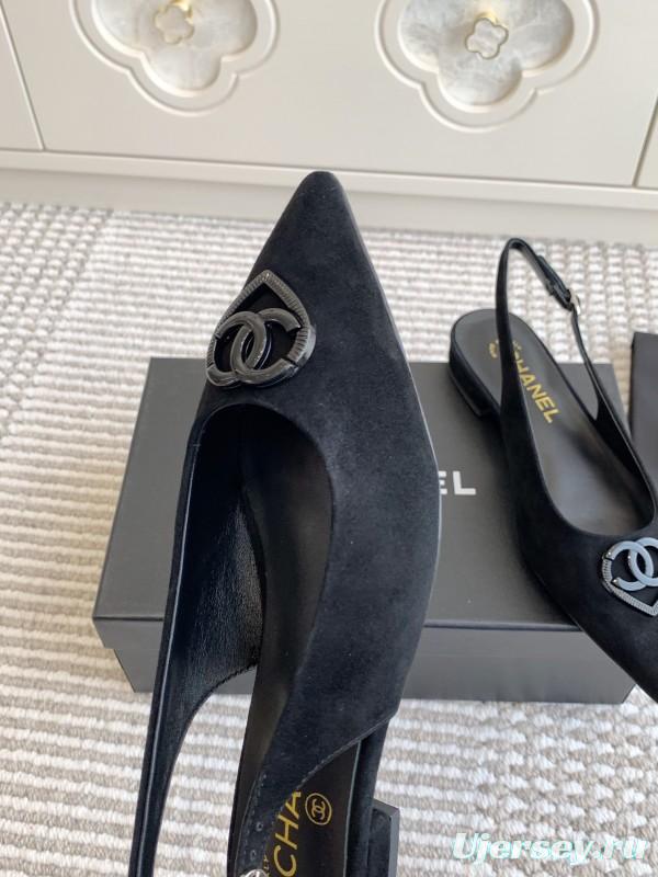 2025 Women Chanel Black Suede Slingback Heart Logo Flats KFY00300