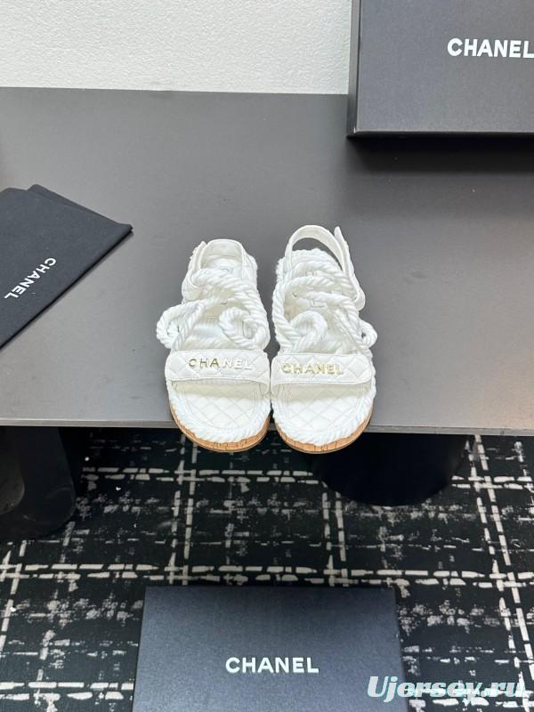 2025 Women Chanel White Leather Roped Espadrille Sandals LY00260