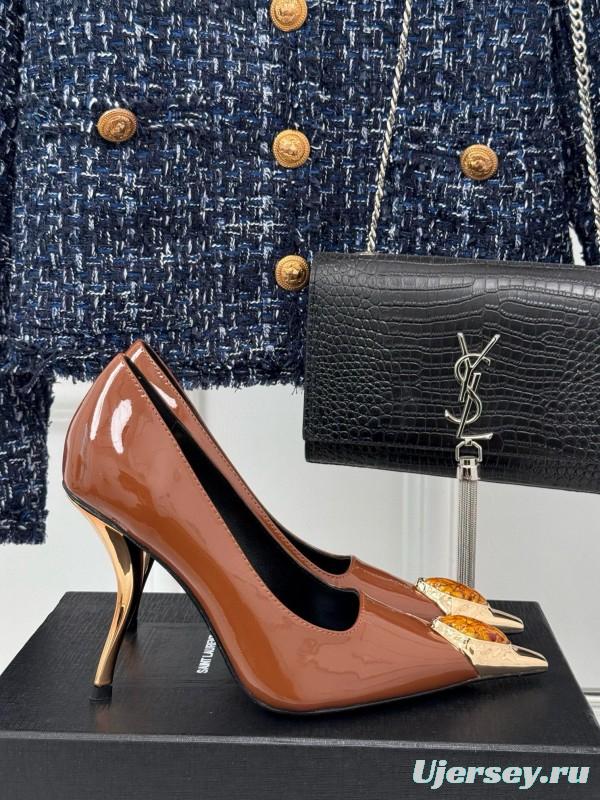 2024 Women Yves Saint Laurent Brown Patent Leather High Heels Metal Tip MJ00330
