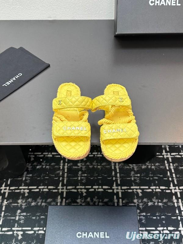 2025 CHANEL Yellow Quilted Fabric Slippers