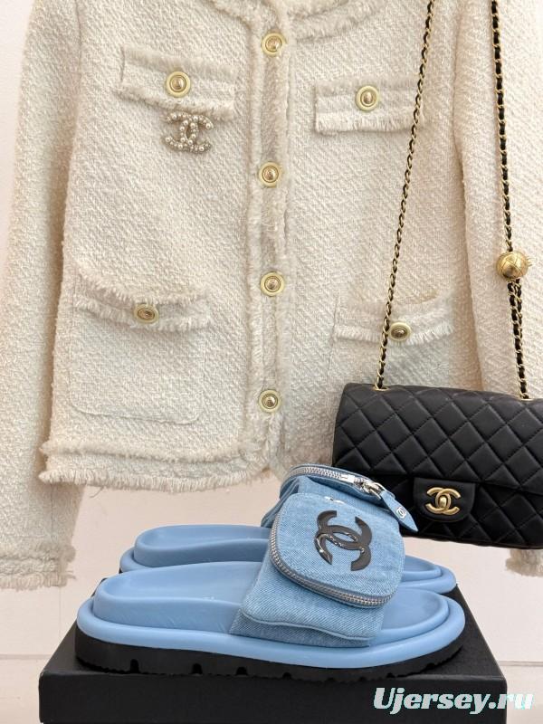 2025 Slippers Chanel Light Blue Denim Slippers KFY00220