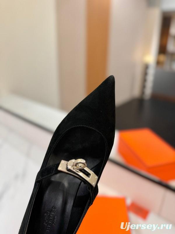2025 Women Hermès Black Suede Pumps KFY00330