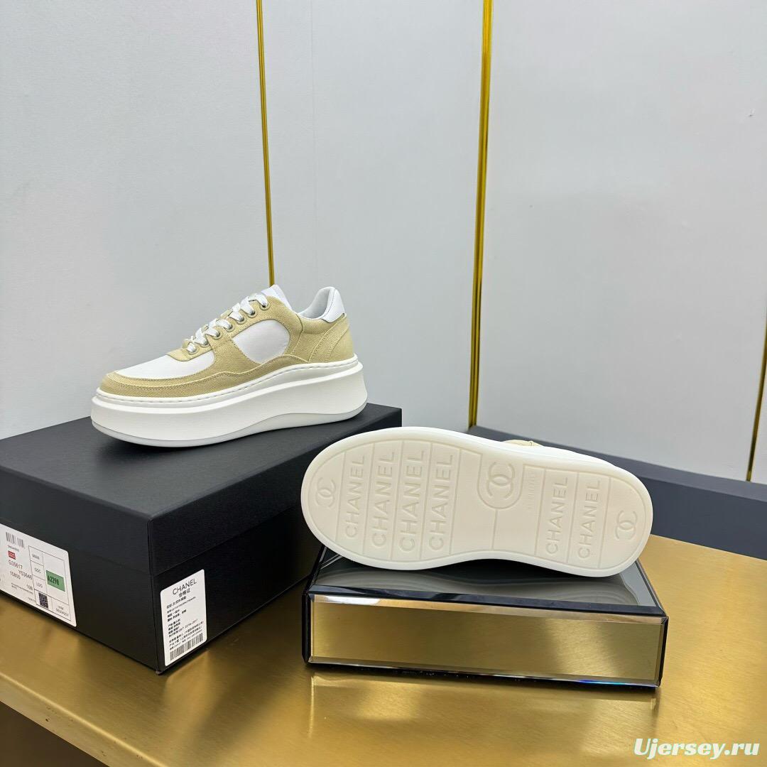 2025 Women Chanel Beige White Canvas Leather Sneakers