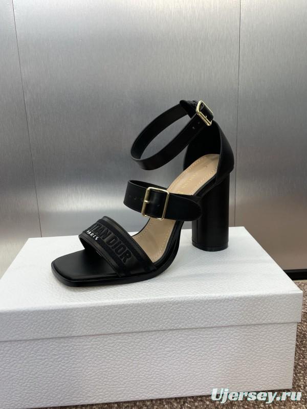 2025 Women Dior Black Leather High Heel Sandals KFY00310