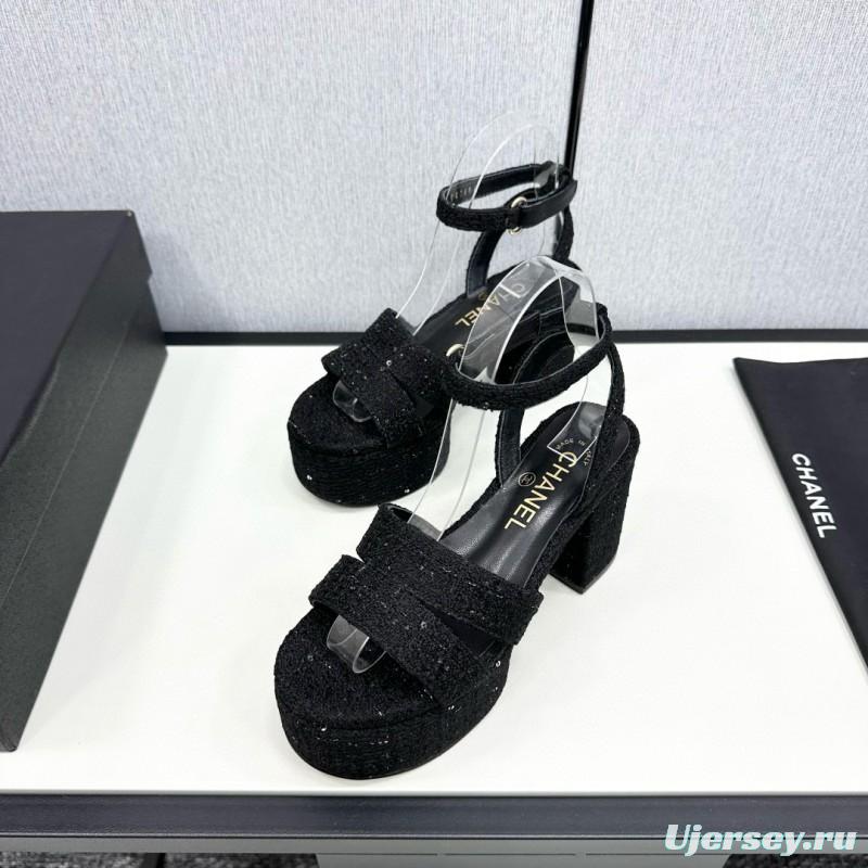 2025 Women Chanel Black Fabric Platform Sandals MJ00310