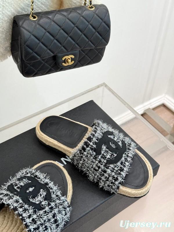 2025 Slippers Chanel Black White Tweed Espadrille Handcrafted KFY00230