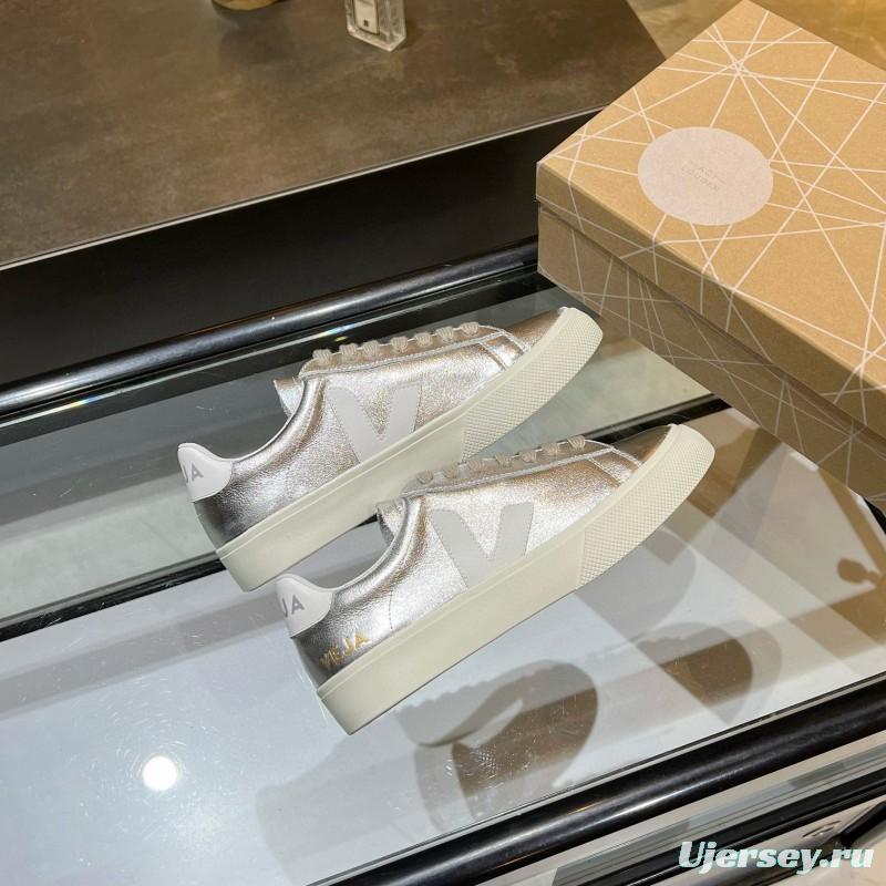 2025 Unisex VEJA Silver Leather Canvas Vulcanized Sneakers MJ00240