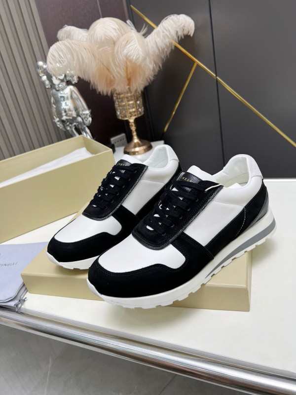 2024 Unisex Brunello Cucinelli Black White Suede Calfskin Leather Sneakers MJ00360