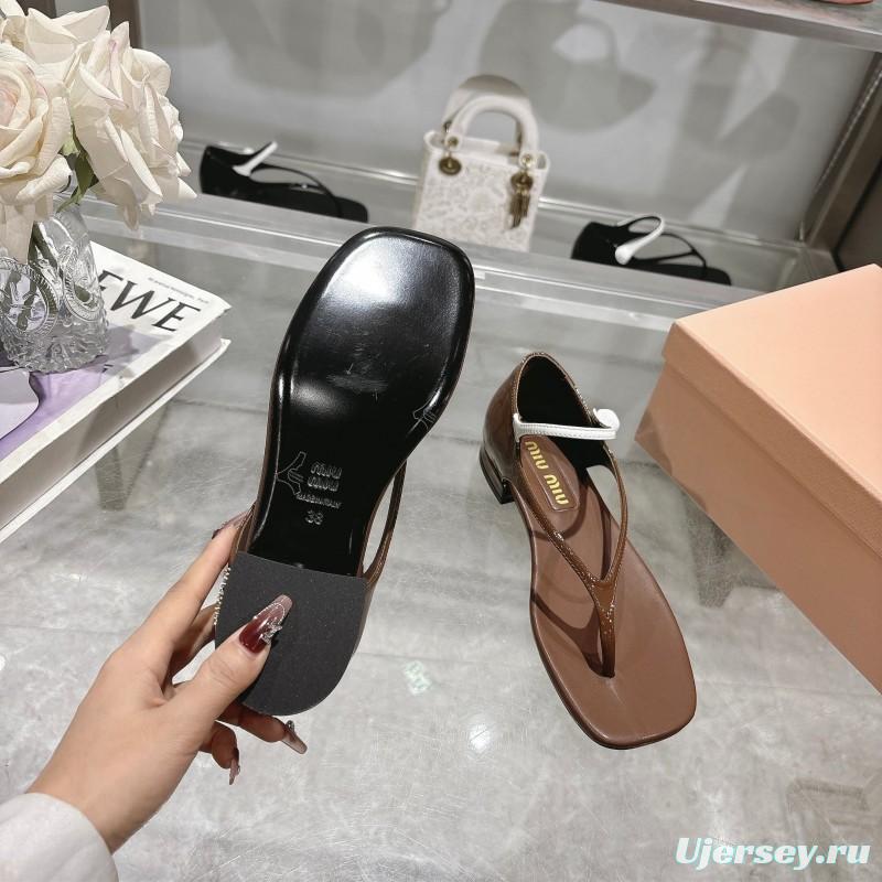 2025 Women Miu Miu Brown Leather T-Strap Flat Sandals KFY00289(F)
