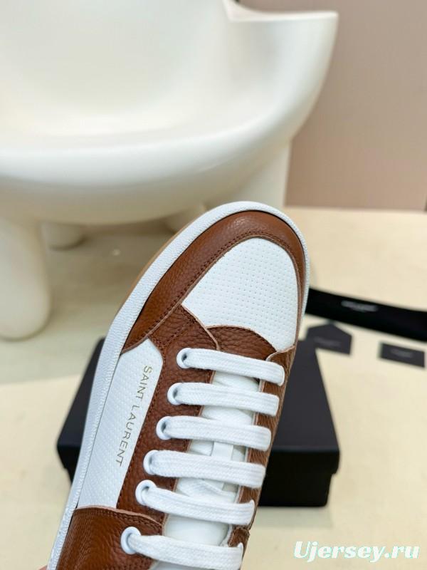 2024 Unisex Yves Saint Laurent White Brown Leather Canvas Sneakers MJ00350