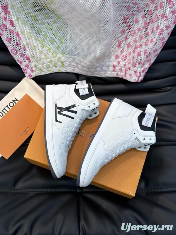 2024 Men Louis Vuitton White Black Leather High-Top Sneakers MJ00420
