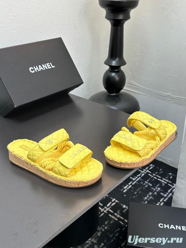 2025 CHANEL Yellow Quilted Fabric Slippers