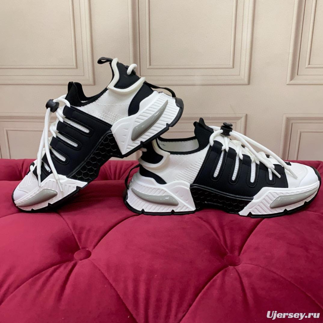 2024 Unisex Dolce & Gabbana Black White Knit Leather Sneakers MJ00340