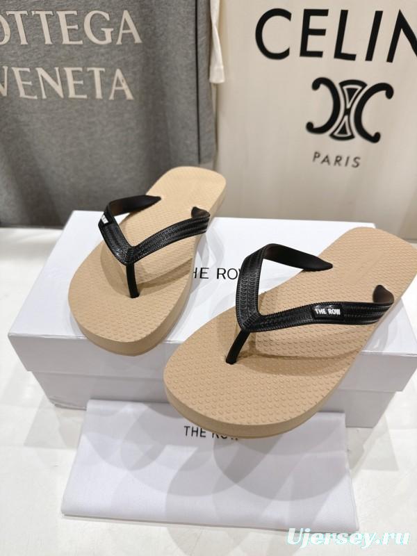 2025 Unisex The Row Beige And Black Leather Casual Flip-Flops Handmade KFY00160