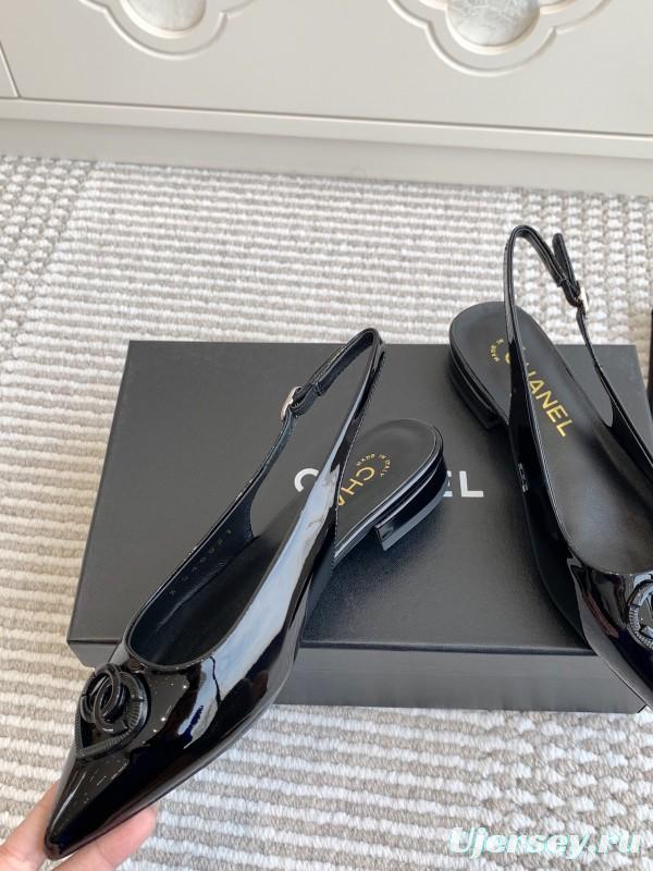 2025 Women Chanel Black Patent Leather Slingback Pumps KFY00300