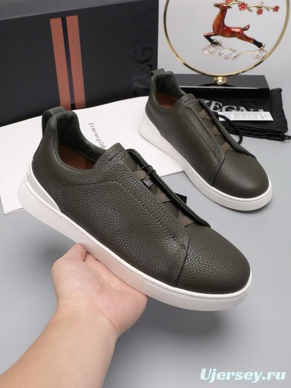 2024 Men Ermenegildo Zegna Dark Green Leather Sneakers MJ00240