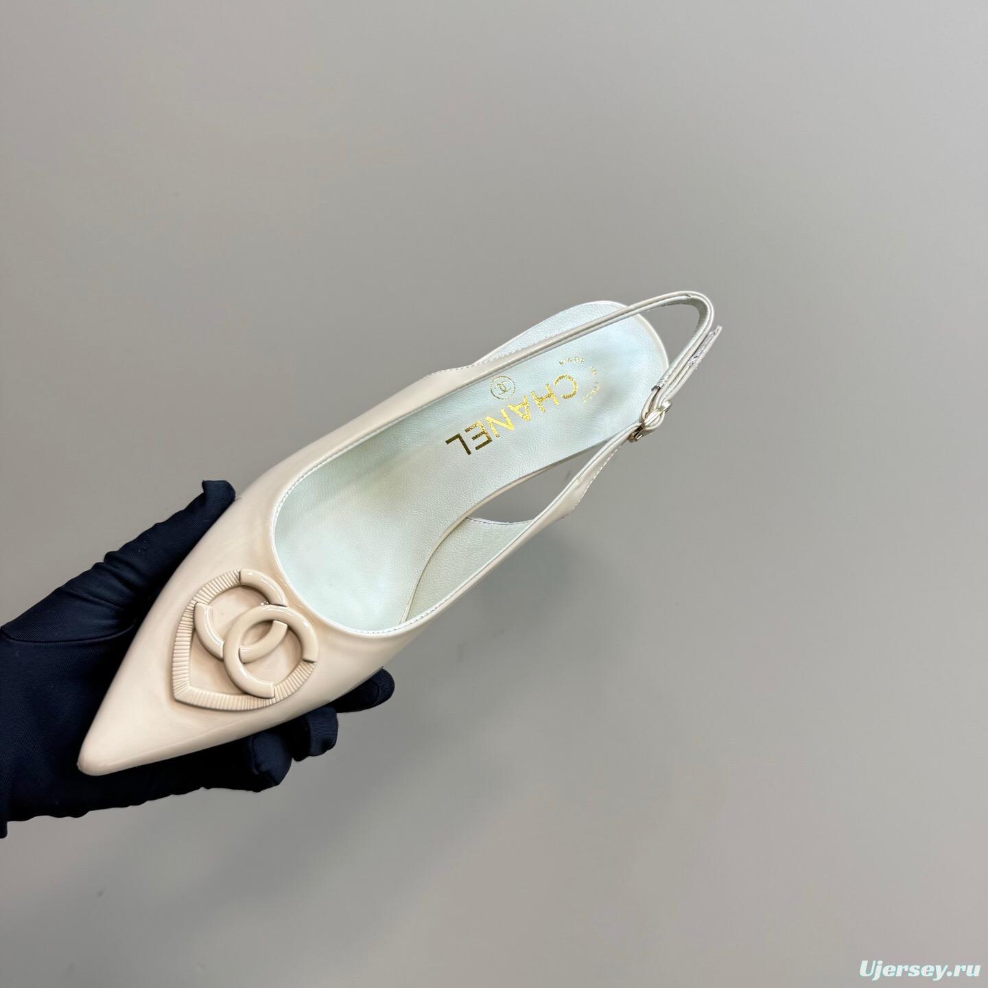 2025 Women Chanel Beige Patent Leather Slingback Heels