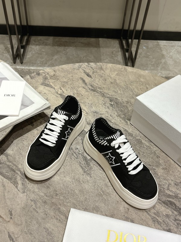 2025 Women Dior Black White Knit Leather Platform Sneakers KFY00330