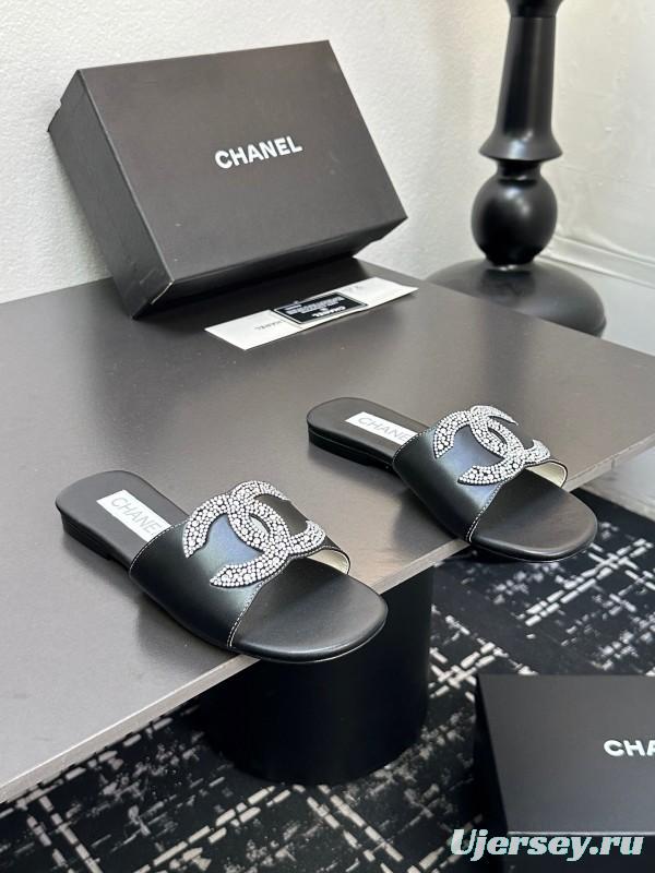 2025 Women Chanel Black Leather Rhinestone Logo Slide Sandals LY00360(F)