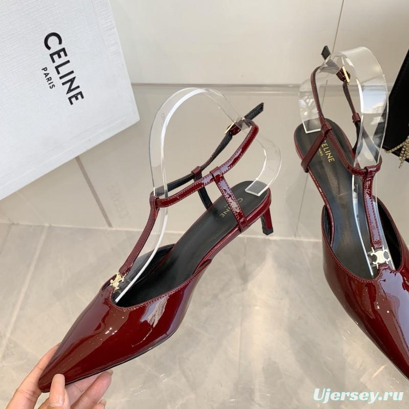 2025 Women Celine Red Patent Leather T-Strap Low Heel