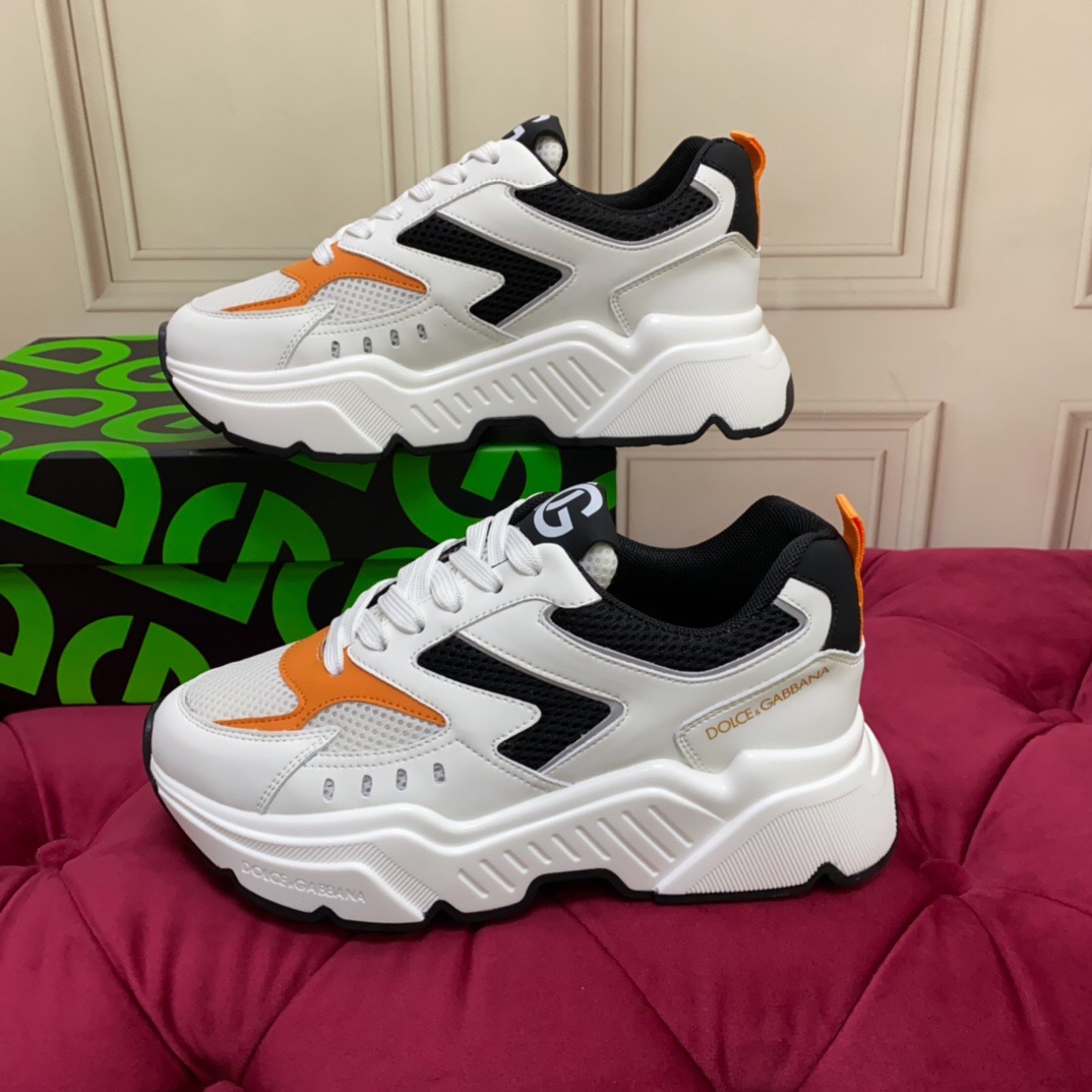 2025 Unisex Dolce & Gabbana White Black Orange Leather Lycra Sneakers LY00330(F)/LY00340(M)