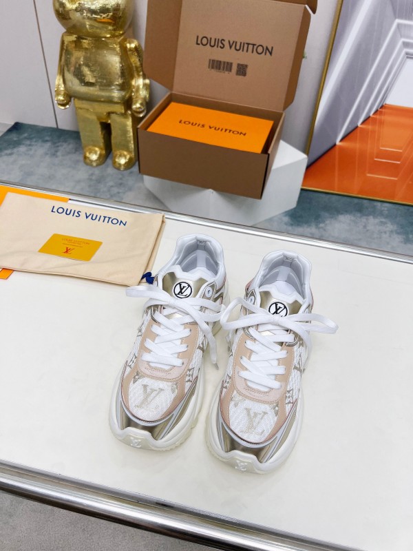 2025 Women Louis Vuitton White Beige Mesh Leather Sneakers LY00340