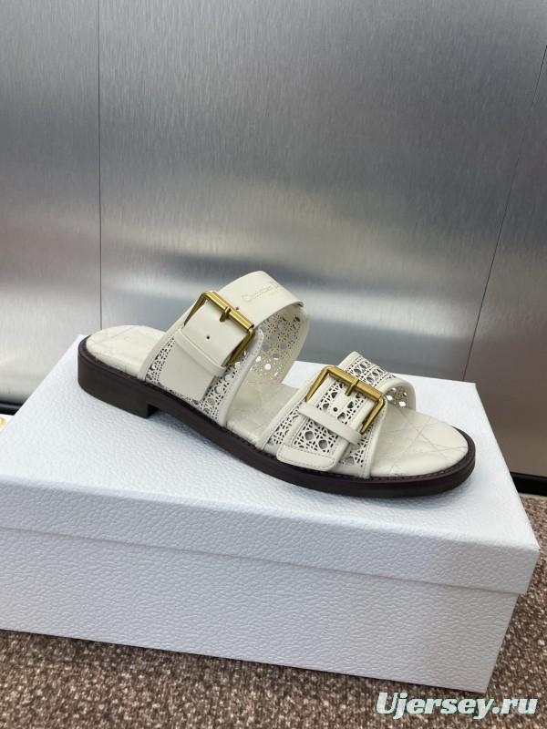2025 Women Dior White Calfskin Leather Slippers CD Logo Buckle KFY00300