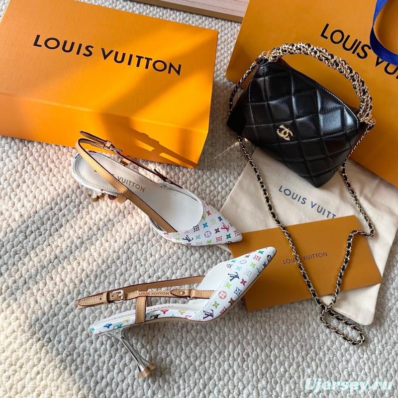 2025 Women Louis Vuitton White Multicolor Canvas Leather Slingback Pumps