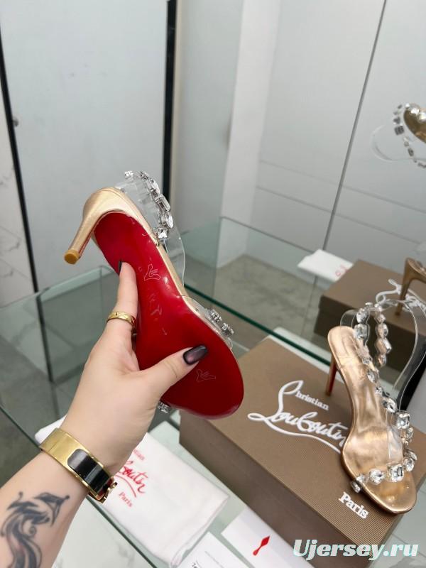2025 Women Christian Louboutin Gold PVC Crystal High Heel Sandals LY00300