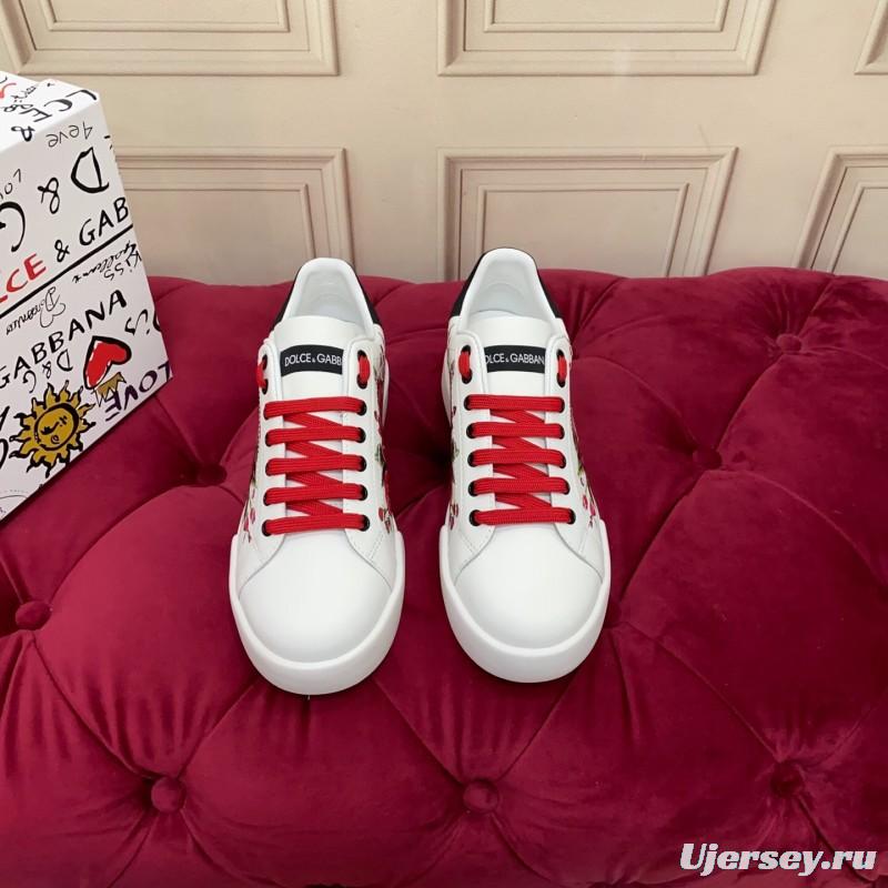2025 Women Dolce & Gabbana White Red Leather Sneakers Floral LY00300