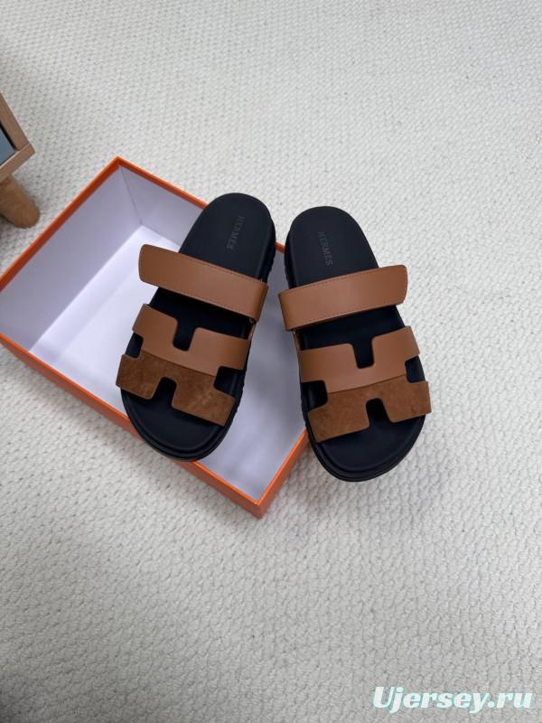2025 Slippers Hermès Brown Black Leather Nubuck Slippers