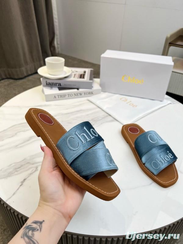 2025 Women Chloé Blue Denim Leather Slippers LY00200