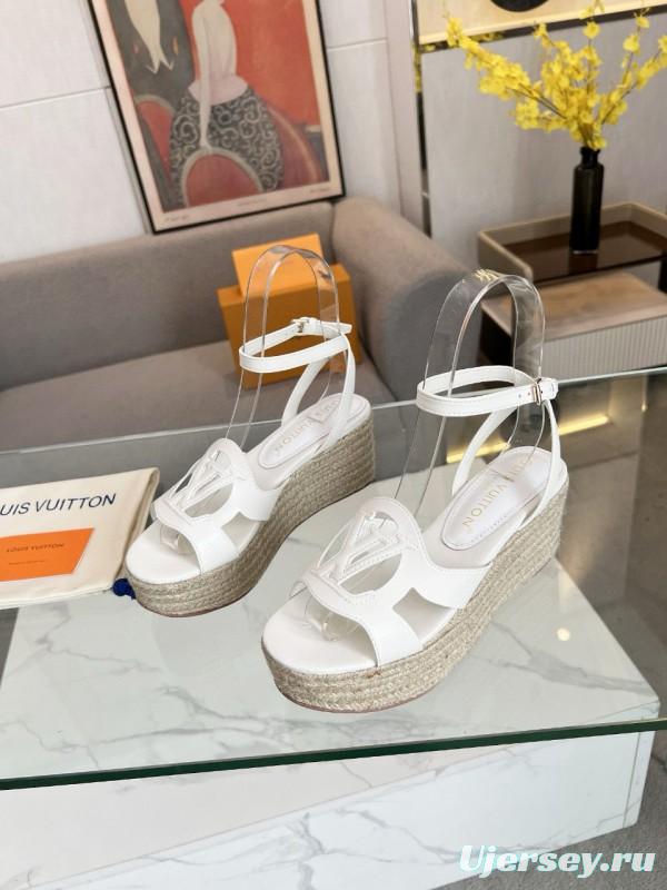 2025 Women Louis Vuitton White Leather Espadrille Wedge Sandals MJ00280