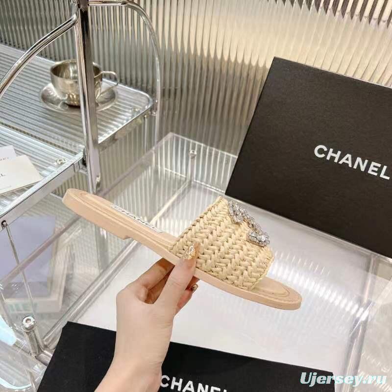 2025 Women Chanel Beige Raffia Crystal Slippers LY00270