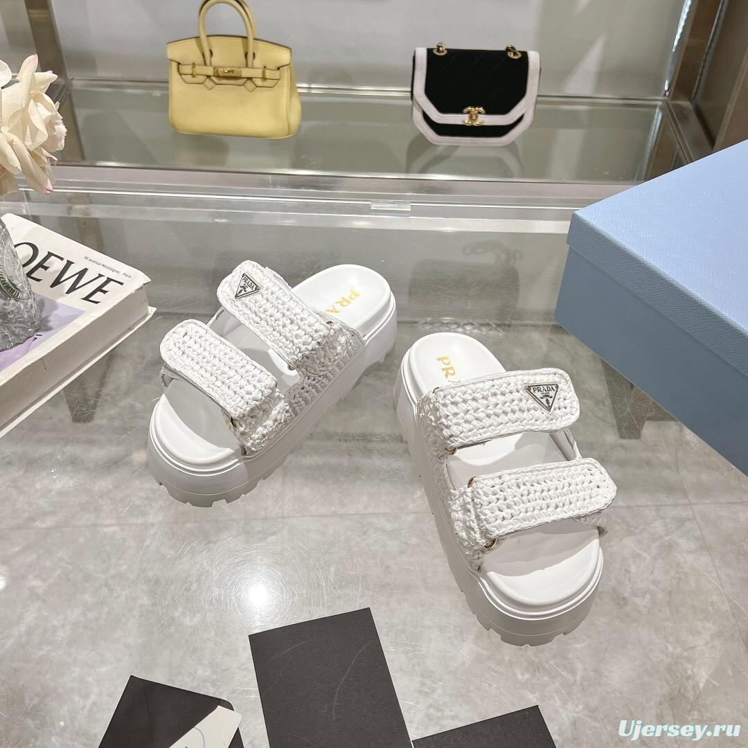 2025 Women Prada White Knit Leather Slippers