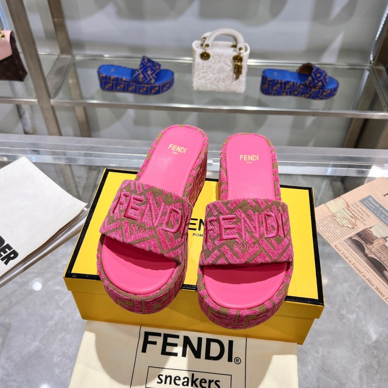 2025 Women Fendi Pink Canvas Slippers FF Jacquard KFY00240
