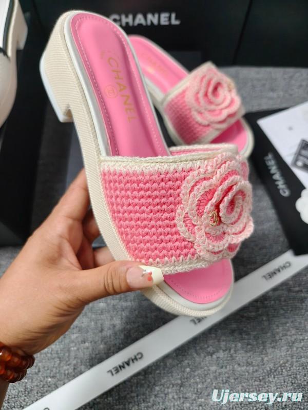 2025 Slippers Chanel Pink Straw Slide Floral LY00360