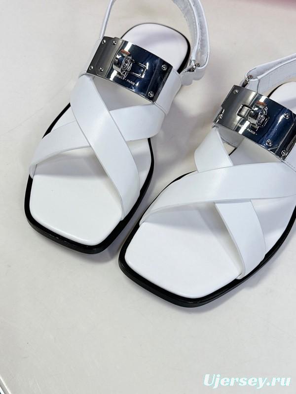 2025 Women Hermès White Calf Leather Sandals Metal Buckle KFY00300