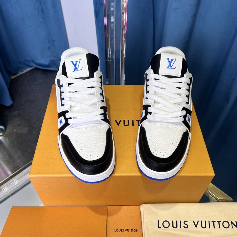 2025 Unisex Louis Vuitton Black White Blue Leather Plimsolls Stitching LV Trainer
