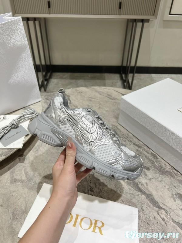 2025 Women Dior Silver Mesh Leather Sneakers