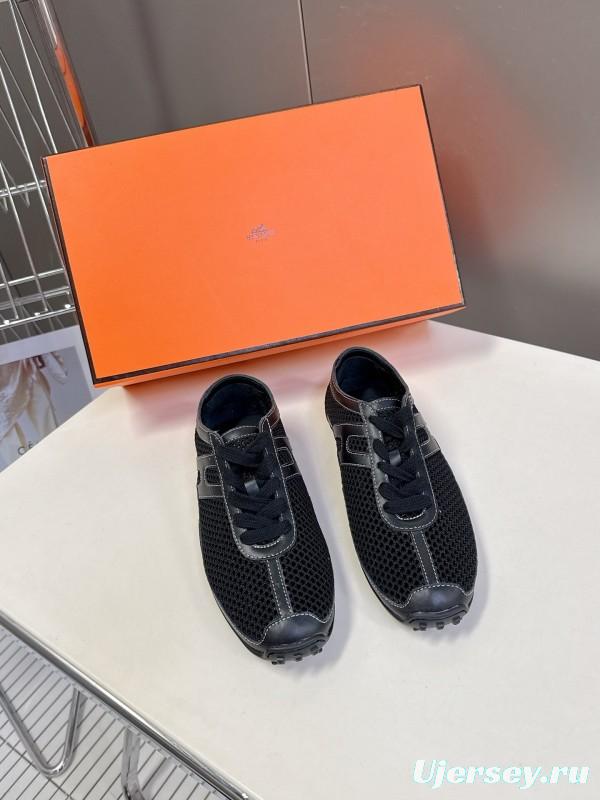 2025 Women Hermès Black Mesh Leather Trainers KFY00250