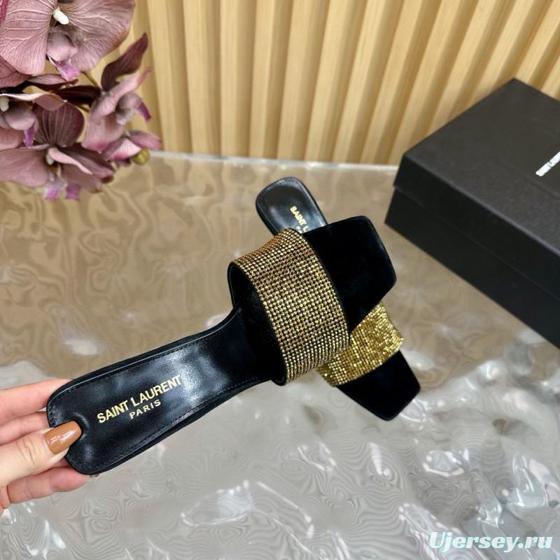 2025 Women Yves Saint Laurent Black Gold Rhinestone Leather High Heel Sandals MJ00300