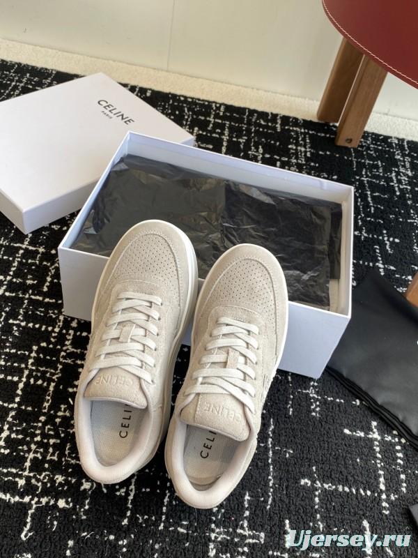 2025 Women Celine Beige Suede Platform Sneakers CELINE Embroidery