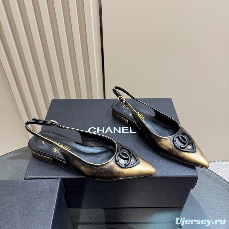 2025 Women Chanel Black Gold Satin Leather Sandals KFY00290