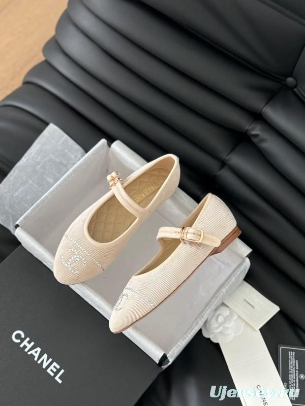 2025 Women Chanel Beige Fabric Mary Jane Embroidery LY00280