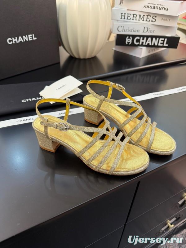 2025 Women Chanel Gold Fabric Sandals KFY00289