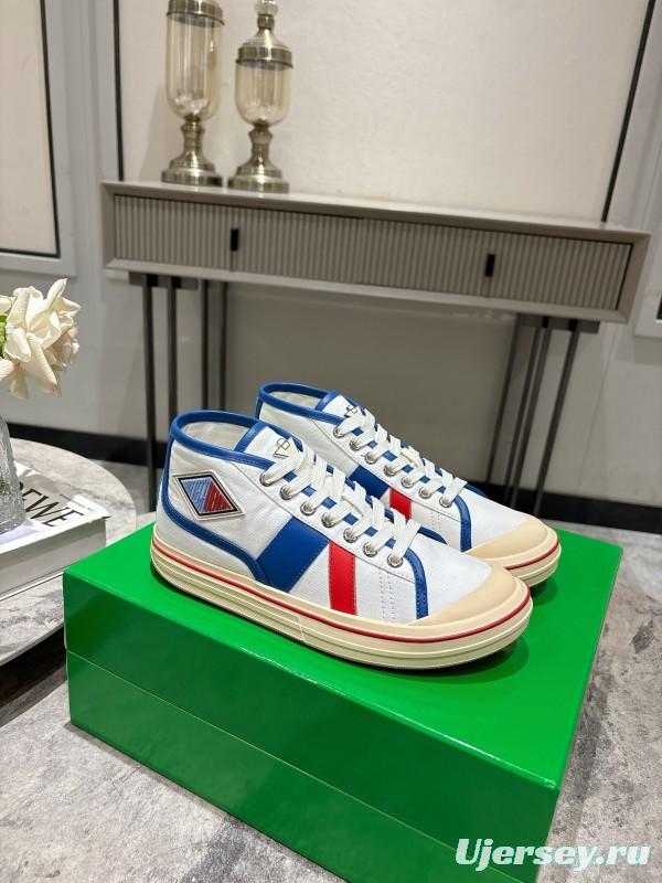 2025 Unisex Bottega Veneta White Blue Red Canvas Lambskin Sneakers Hand Painted Red Line KFY00260